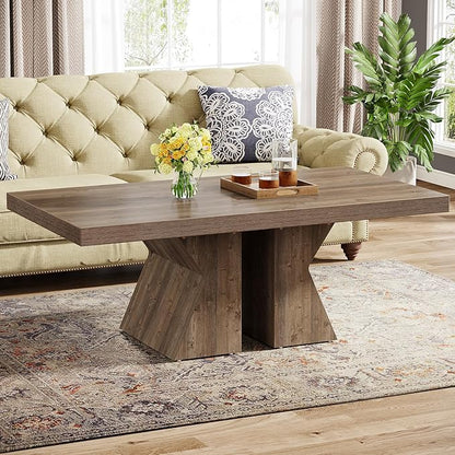Tribesigns Wood Coffee Table, 47-Inch Rectangular Center Table with Thick Wooden Base, Farmhouse Wood-Look Cocktail Table for Living Room (Brown)
