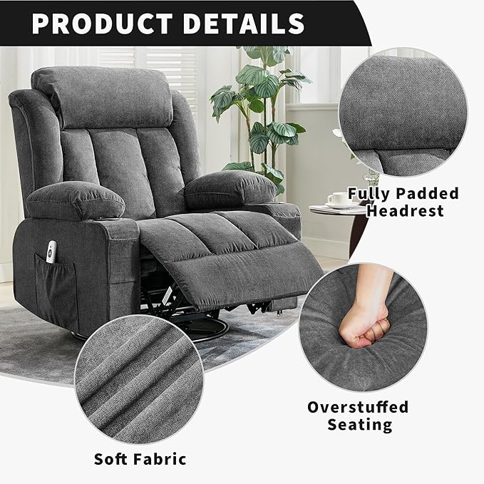 Rocking Recliner Chair with Heat and Massage, Nursery Recliner 360° Swivel Oversized Chairs for Adults, Lazy Boy Single Sofa Seat with 3 Positions, 2 Side Pockets, Cup Holders, and USB Ports, Grey