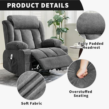 Rocking Recliner Chair with Heat and Massage, Nursery Recliner 360° Swivel Oversized Chairs for Adults, Lazy Boy Single Sofa Seat with 3 Positions, 2 Side Pockets, Cup Holders, and USB Ports, Grey