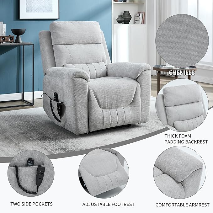 PELUMY Power Lift Recliner Chair for Elderly with Massage and Heat, Dual Motor Heavy Duty 350lbs Recliner, 8-Point Vibration & Lumbar Heating, Electric Lift Chair (Chenille, Light Grey)