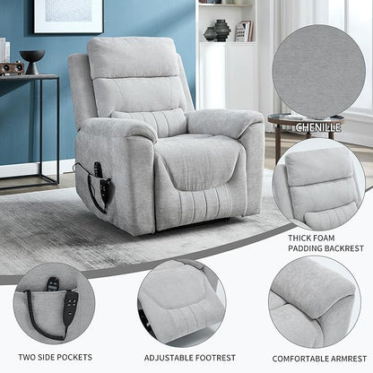 PELUMY Power Lift Recliner Chair for Elderly with Massage and Heat, Dual Motor Heavy Duty 350lbs Recliner, 8-Point Vibration & Lumbar Heating, Electric Lift Chair (Chenille, Light Grey)