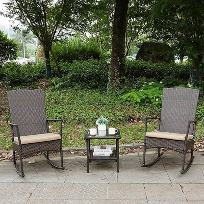 Outdoor Rocking Chair 3 Pieces High-Backed Rocking Chair Patio Rocking Chairs Outdoor Table, Khaki