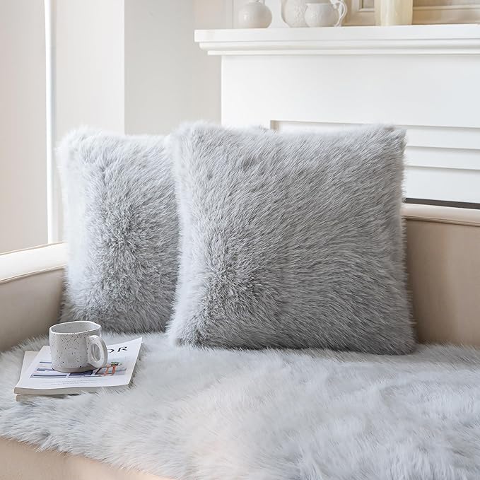Neelvin Light Grey Faux Fur Cozy Fluffy Double-Sided Decorative Throw Pillow Covers 18x18 inch Set of 2,Velvet Pillowcase Cushion Case for Sofa Couch