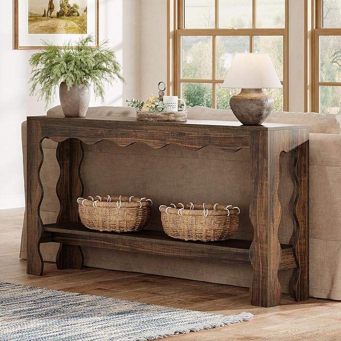 Tribesigns 63 Inch Entryway Table, Modern Rustic Entry Table with Scalloped Edge & Storage Shelf, Accent Narrow Long Sofa Table Behind Couch Console Tables for Entryway, Living Room, Dark Brown