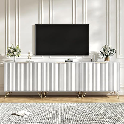 Storage Cabinet Set of 3, White Fluted Cabinet with Adjustable Shelves, Modern Coffee Bar for Kitchen, Living Room and Office