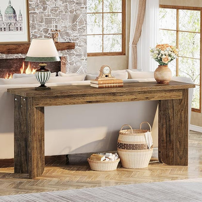 Tribesigns 70.9-Inch Extra Long Console Table, Farmhouse Sofa Console Table with Widened Tabletop, Entryway Accent Tables with Sturdy Double Pedestal for Living Room (Rustic Brown)