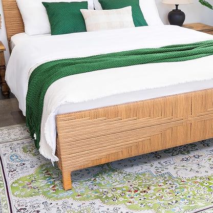 Yechen Queen Rattan Style Boho Bed Frame with Headboard and Footboard, Mid Century Modern Hand-Woven Wicker Bedframe with Vintage Pattern, Bamboo Bed with Metal Slats, No Box Spring Needed, 1000lbs