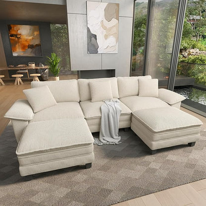 HERA'S HOUSE 124" Modular Sectional Sofa, Oversized U Shaped Couches for Living Room, Comfy Cloud Couch with Ottoman, 5-Seater Deep Seat Sofa with Throw Pillow, Corduroy Beige