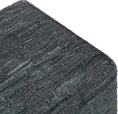 SIMPLIHOME Fredrik Boho Square Pouf in Grey Woven Genuine Leather for the Living Room, Bedroom and Kids Room