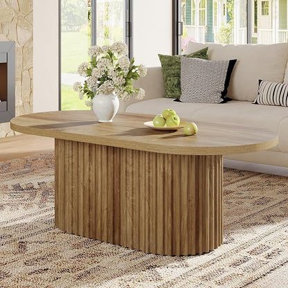 Tribesigns Oval Coffee Table, 47.2" Farmhouse Wooden Center Table with Fluted Design, for Living Room, Office, Apartment, Rustic Brown