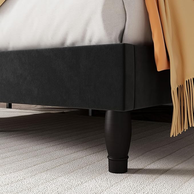 SHA CERLIN Full Size Bed Frame with Adjustable Headboard/Velvet Upholstered/Diamond Button Tufted and Metal Studs/No Box Spring Needed/Wood Slat Support/Easy Assembly/Black