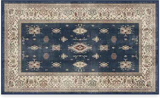 RUGGABLE Washable Vintage Area Rug – Verena Sapphire 3x5, Stain-Resistant, Non-Slip – Small Machine Washable Rugs for Living Room, Bedroom, Hallway, Entryway & Office–with Standard Pad