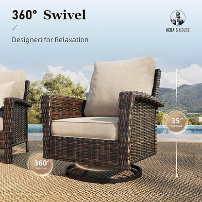 HERA'S HOUSE Patio Furniture Set with 35" High Back Swivel Chairs, Outdoor Wicker Conversation Sofa Sets, 5.5" Thick Cushions for Deck Lawn Poolside Backyard, Beige