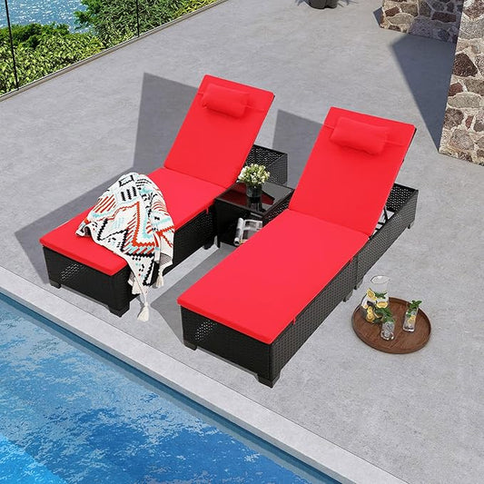 3 PCS Patio Chaise Lounge with Coffee Table Cushion&Pillow Outdoor Lounge Chair Chaise Lounger Patio Reclining Chair 5 Angle Adjustment Black PE Rattan for Courtyards Poolside Garden(red)