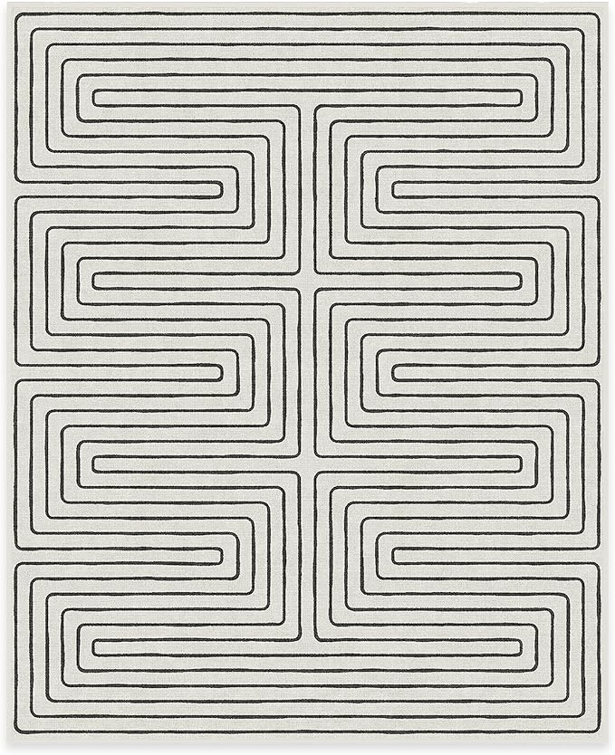 RUGGABLE x Jonathan Adler Machine Washable Modern Area Rug – Labyrinth Black/Ivory 8x10, Stain-Resistant, Non-Slip – Large Rugs for Living Room, Bedroom, Hallway, Entryway & Office–with Standard Pad