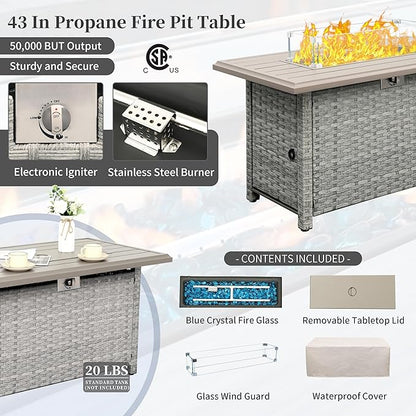 WAROOM Patio Furniture Set 6 Piece Grey Wicker Outdoor Furniture Patio Sectional Sofa Couch PE Rattan Conversation Sets with Fire Pit Table, Grey Cushion