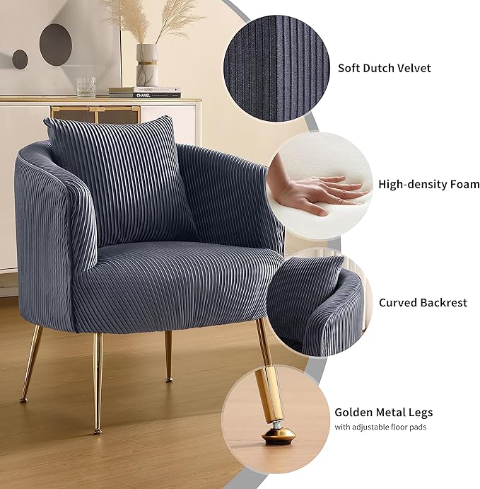 Art Leon Velvet Accent Chair, Upholstered Modern Single Sofa Chair, Comfy Barrel Chair with Golden Metal Legs for Living Room Bedroom, Gray