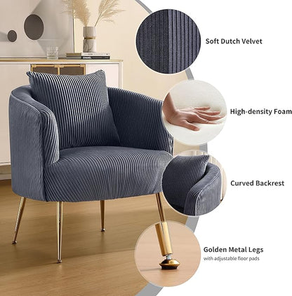 Art Leon Velvet Accent Chair, Upholstered Modern Single Sofa Chair, Comfy Barrel Chair with Golden Metal Legs for Living Room Bedroom, Gray
