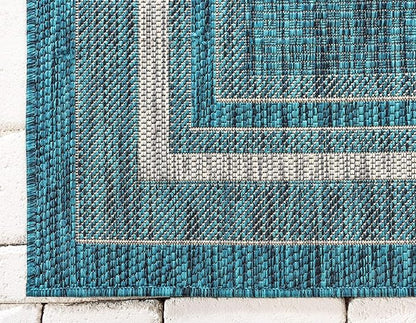 Unique Loom Outdoor Border Collection Area Rug - Soft Border (7' 1" x 10' Rectangle, Teal/ Ivory)
