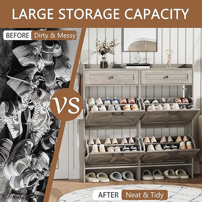 Shoe Cabinet with 4 Flip Drawers & 2 Top Drawers, 43" Tall Freestanding Narrow Wooden Shoe Storage Organizer for Entryway, Hidden Slim Shoe Rack for Front Door Entrance, Hallway, Living Room, Grey