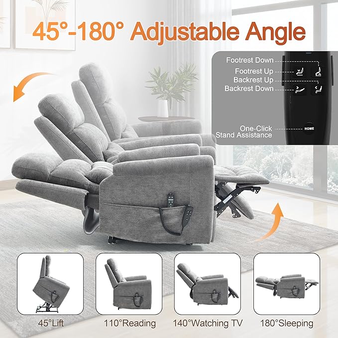 Power Lift Recliner Chair for Elderly People, Dual Motor Lay Flat Recliner with Vibration Massage and Heat, Heavy Duty Motion Mechanism Standing Assistance Reclining Chair, Chenille Fabric Dark Gray