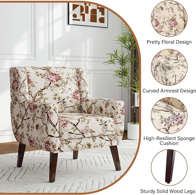 Accent Chairs Set of 2, Modern Fabric Armchairs for Living Room, Comfy Upholstered Arm Chairs Tufted for Indoor Bedroom Office Room (Pattern Floral)