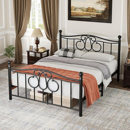 Metal Queen Single Bed Frame with Scroll Design, 82.7" in Steel Bed Frame with Protective Foot Pads, Strong Bearing Capacity Queen Size Bed, Easy Assembly, Underbed Storage Space（43.3 inch）