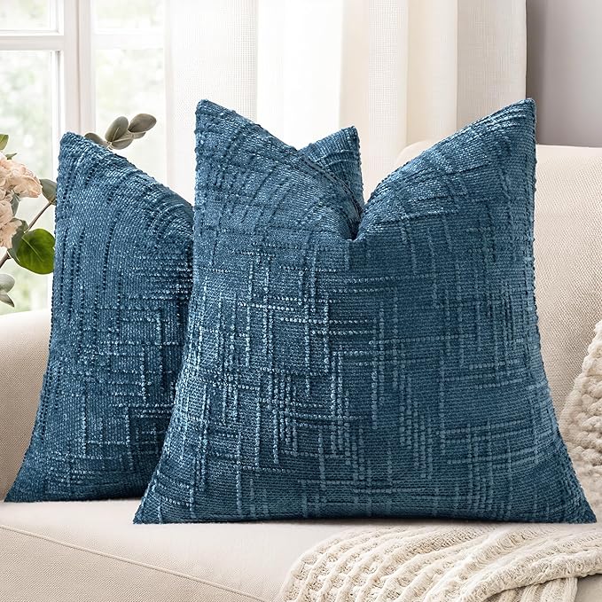 decorUhome Navy Blue Chenille Throw Pillow Covers 16x16 Set of 2 Thick Textured Slubby Couch Pillow Covers Farmhouse Accent Modern Neutral Decorative Pillow Cases for Bed Sofa Living Room