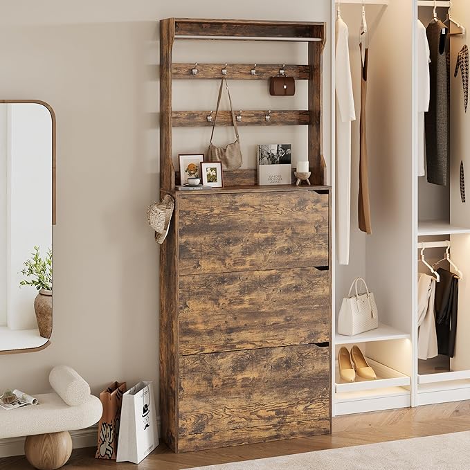 Tall Shoe Cabinet with Coat Rack, Hidden Shoe Storage Cabinet with Doors & Drawer, Hanging Bar & Hooks, Slim Narrow Freestanding Shoe Rack Organizer for Entryway, Hallway & Living Room, Brown