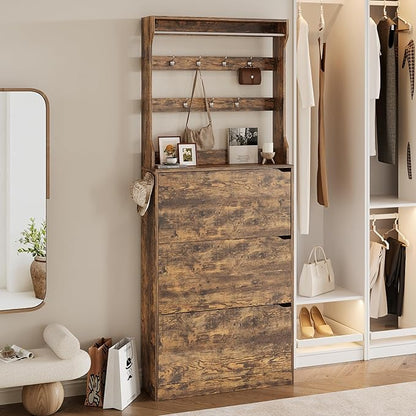 Tall Shoe Cabinet with Coat Rack, Hidden Shoe Storage Cabinet with Doors & Drawer, Hanging Bar & Hooks, Slim Narrow Freestanding Shoe Rack Organizer for Entryway, Hallway & Living Room, Brown