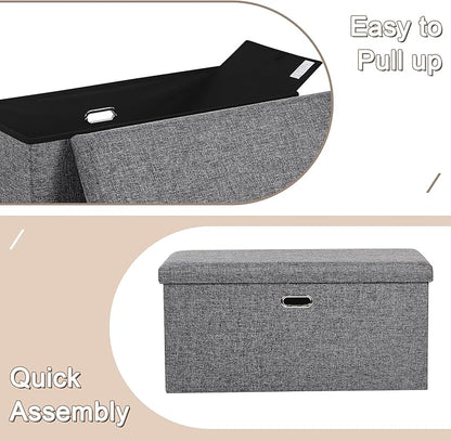 VECELO 30'' Folding Storage Ottoman Bench, End of Bed Linen Fabric Foot Rest Stool with Padded Seat, Large Footstools for Bedroom, Living Room, Load 500 lb, Grey