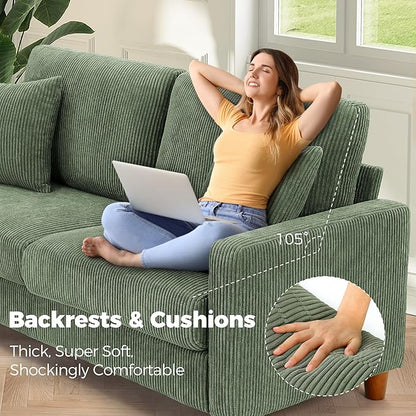 70in Corduroy Couch, Kidirect Sofa No Tool Assembly, Comfy Couches for Living Room 21in Deeper Seats, Corduroy Sofas for Living Room with 2 Pillows, Oversized Loveseat Sofa, Boho Love Seat Green Couch