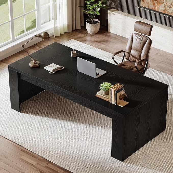 Tribesigns 70.9-Inch Executive Desk, Large Wooden Computer Office Desk with Sturdy Double Pedestal Legs, Writing Table Business Workspace Home Office Furniture for Home Office (Black)
