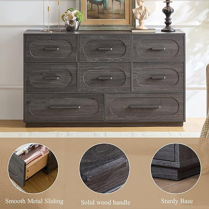 Modern 8 Drawer Dresser for Bedroom, 54" Wide Dressers & Chest of Drawers w/Solid Wood Handle, Wood Mid Century Closet Organizers and Storage Cabinet for Bedroom, Living Room, Hallway, Gray