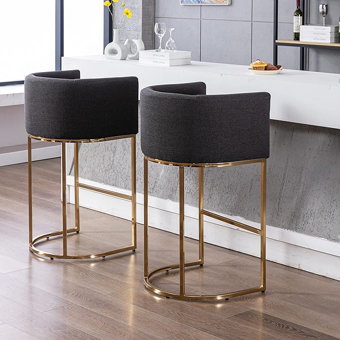 Contemporary Charcoal Linen Bar Stools Set of 4, 32" Upholstered Fabric Counter Height Barstool Kitchen Counter Island Stools with Golden Metal Base
