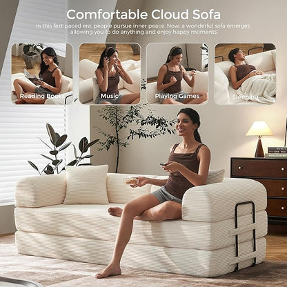 79" Convertible Sofa Bed with Fixed-Shape Frame & Removable Armrests, Modular Corduroy Sleeper Sofa, Folding Mattress Couch for Small Spaces - No Assembly Needed in Beige White (Includes 2 Pillows)