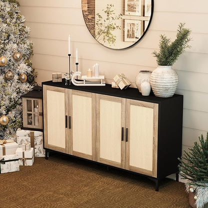 JASIWAY Sideboard - Buffet Cabinet with Storage, Rattan Kitchen Buffet Cabinet Accent Sideboard Cabinets with Doors, Coffee Bar Cabinets Rattan Sideboards for Living Room, Entryway, Black