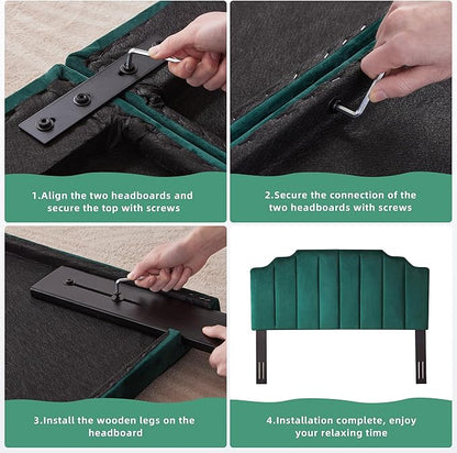 Velvet Upholstered Headboard Queen, Tufted Headboard, Elegantly Curved Queen headboard only,Soft Padded headboards, Modern Vertical Channel Design Head Board, Dark Green