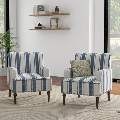 UIXE Stripe Accent Chairs Set of 2, Living Room Arm Chair Modern Nailhead Trim Club Armchair, Comfy Upholstered Sofa Lounge Seat Reading Seat Bedroom Side Seating for Home Office, Dark Blue