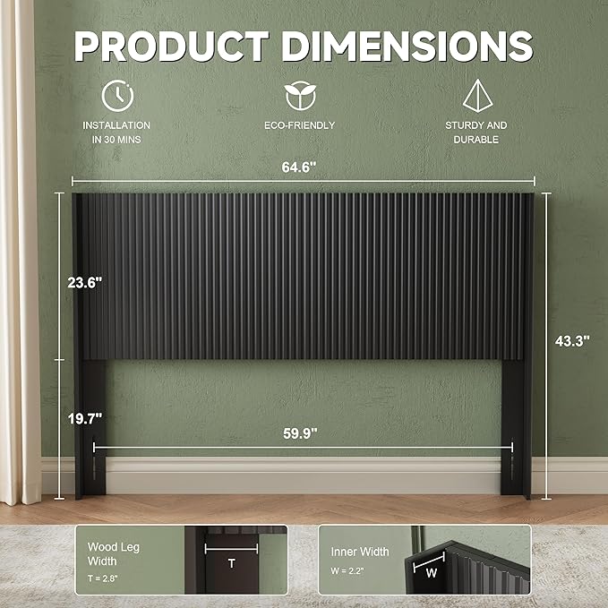 64.6" Wide Wooden Queen Headboard Only, Wingback Boho Headboards, Simple Setup, Modern Farmhouse Headboards with Vertical Grain Design, Wood Headboard Queen Size, Ink Black
