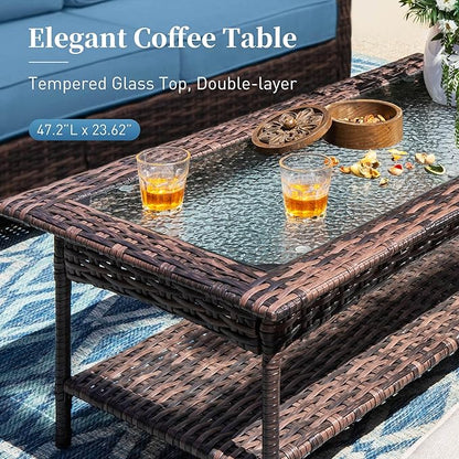 6 Pieces Patio Furniture Set with Swivel Chairs, High Back Wicker Rattan Sofa with Extra Thick Cushion and Coffee Table, Outdoor Conversation Set for Garden Backyard Deck, Blue
