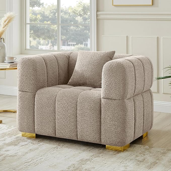 VANOMi 44.09”Oversized Accent Chair, Boucle Arm Chair with Deep Seat, Comfy Reading Chair for Living Room, Bedroom, Office, Apartment, Camel (1 Piece)