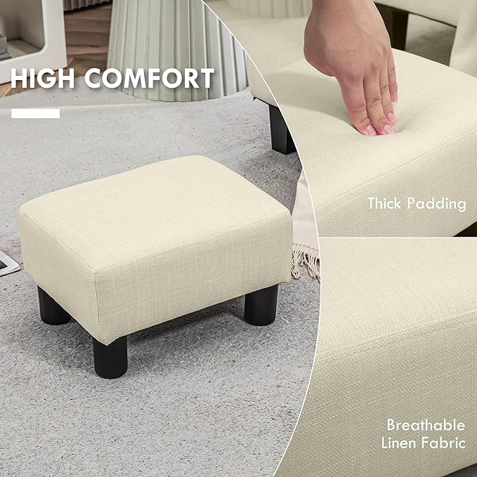 HOMCOM Ottoman Foot Rest, Small Foot Stool with Linen Fabric Upholstery and Plastic Legs, Cube Ottoman for Living Room, Beige