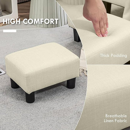 HOMCOM Ottoman Foot Rest, Small Foot Stool with Linen Fabric Upholstery and Plastic Legs, Cube Ottoman for Living Room, Beige