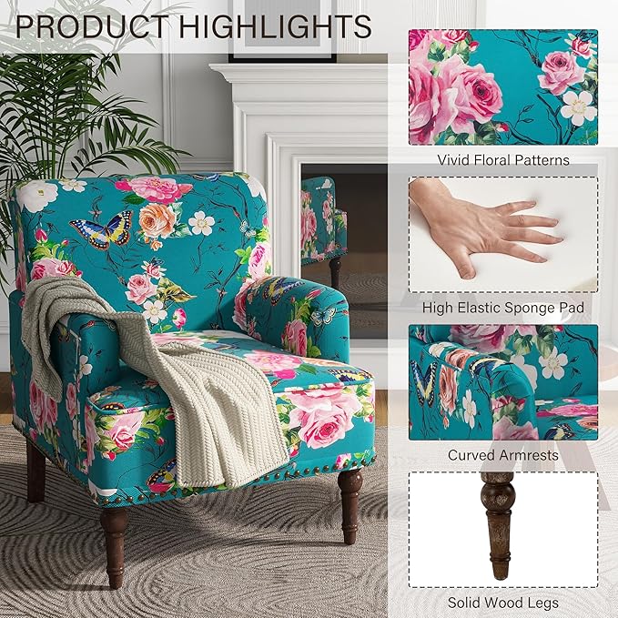 UIXE Floral Accent Chairs Set of 2, Living Room Arm Chair Modern Nailhead Trim Club Armchair, Comfy Upholstered Sofa Lounge Seat Reading Seat Bedroom Side Seating for Home Office