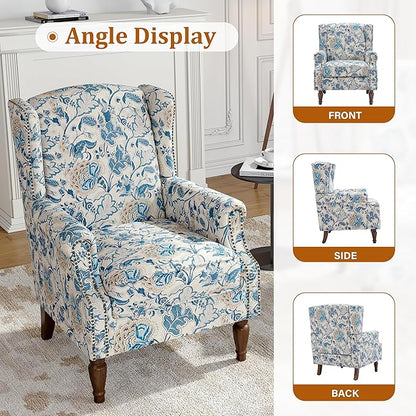 Floral Wingback Accent Chairs Set of 2, High Back Upholstered Armchair, Comfy Fabric Wingback Arms Chairs with Retro Solid Wood Legs, Single Sofa Reading Chair for Bedroom Living Room, Boho Blue