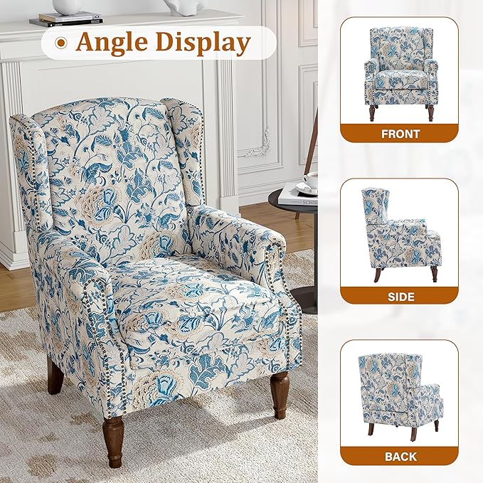 Floral Wingback Accent Chair, High Back Upholstered Armchair, Comfy Fabric Wingback Arms Chairs with Retro Solid Wood Legs, Single Sofa Reading Chair for Bedroom Living Room, Boho Blue