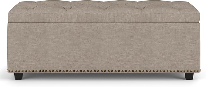 SIMPLIHOME Hamilton 44 inch Wide Traditional Rectangle Lift Top Rectangular Storage Ottoman in Natural Linen Look Fabric, Assembled, For the Living Room, Entryway and Family Room