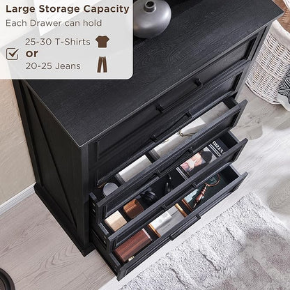 ACCOHOHO Farmhouse 5 Drawers Dresser Chests for Bedroom,46" Tall Wood Rustic Chest of Drawers with Wide Metal Handle,Natural Texture,Drawer Organizer for Bedroom,Living Room,Hallway and Entryway,Black