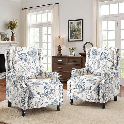 Recliner Chair, Upholstered Wingback Floral Pushback Armchair with Adjustable Backrest & Footrest, Comfy Accent Chair Reading Single Sofa for Small Spaces, Living Room, Bedroom (Plants Blue, Set of 1)